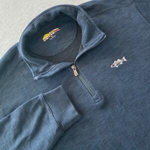 Orvis Mens XL Navy Blue Textured Quarter Zip Pullover Sweater Fish Logo